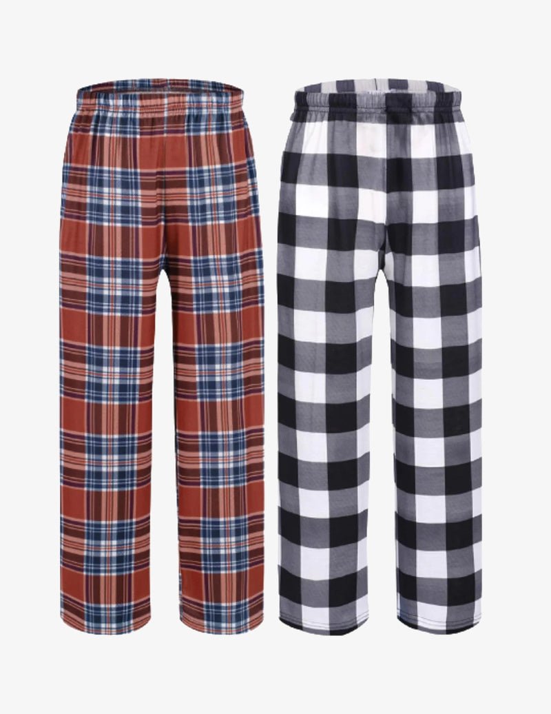 Boys’ pajama pants 2-pack: rust plaid and black-and-white plaid elastic waist