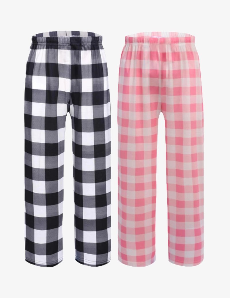 Boys’ pajama pants 2-pack: black-and-white plaid and pink check elastic waist