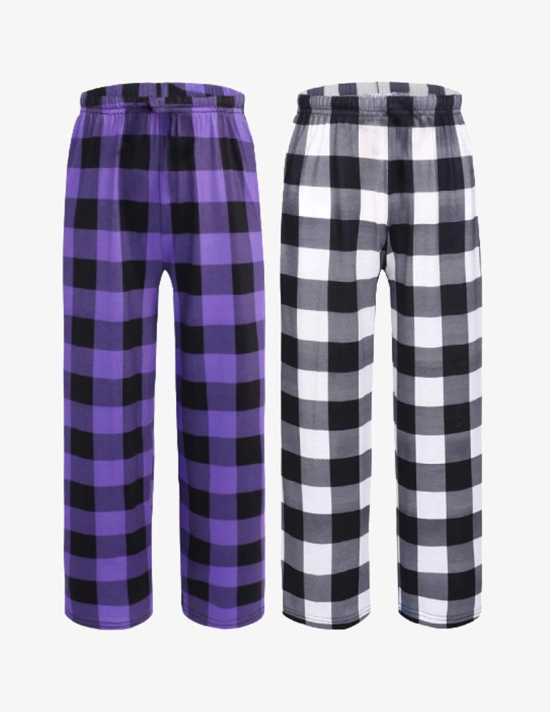 Boys pajama pants (2-pack) elastic waist, purple check plaid and black/white plaid