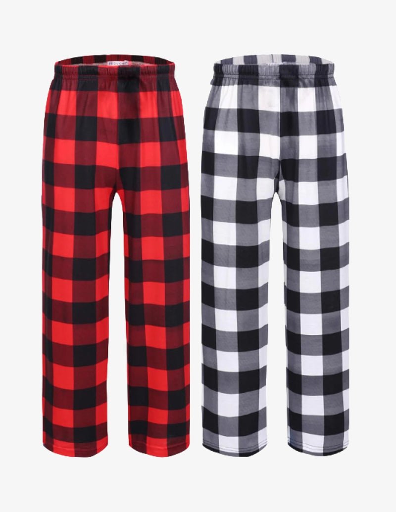 Boys pajama pants (2-pack) elastic waist, red buffalo plaid and black/white plaid