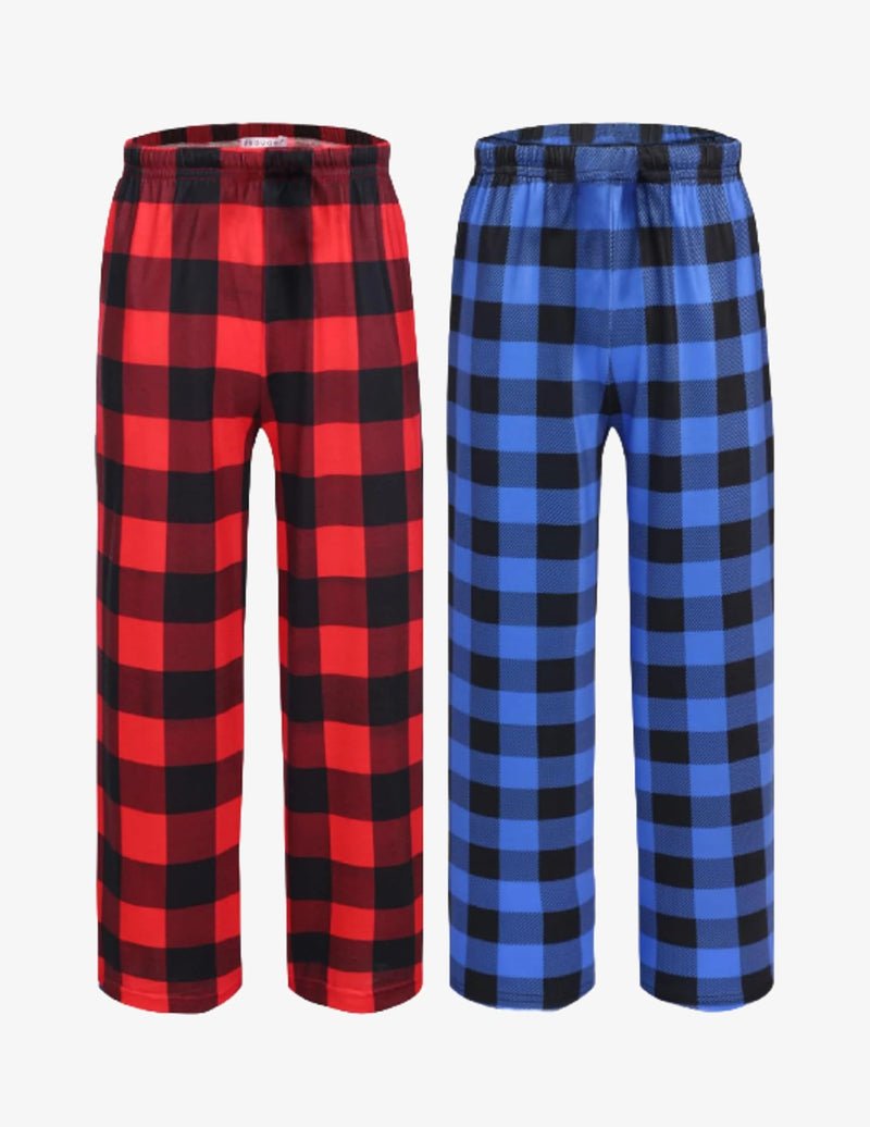 Boys pajama pants (2-pack) elastic waist, red-black plaid and blue check plaid
