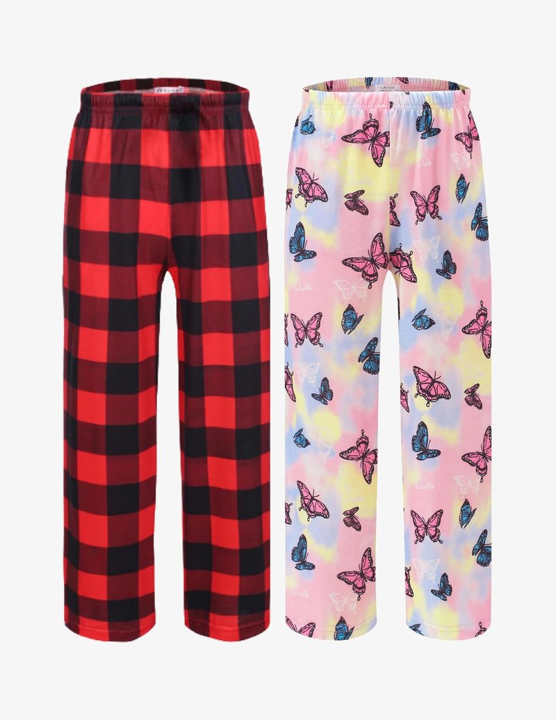 Boys pajama pants (2-pack) elastic waist, red-black buffalo plaid and pink butterfly