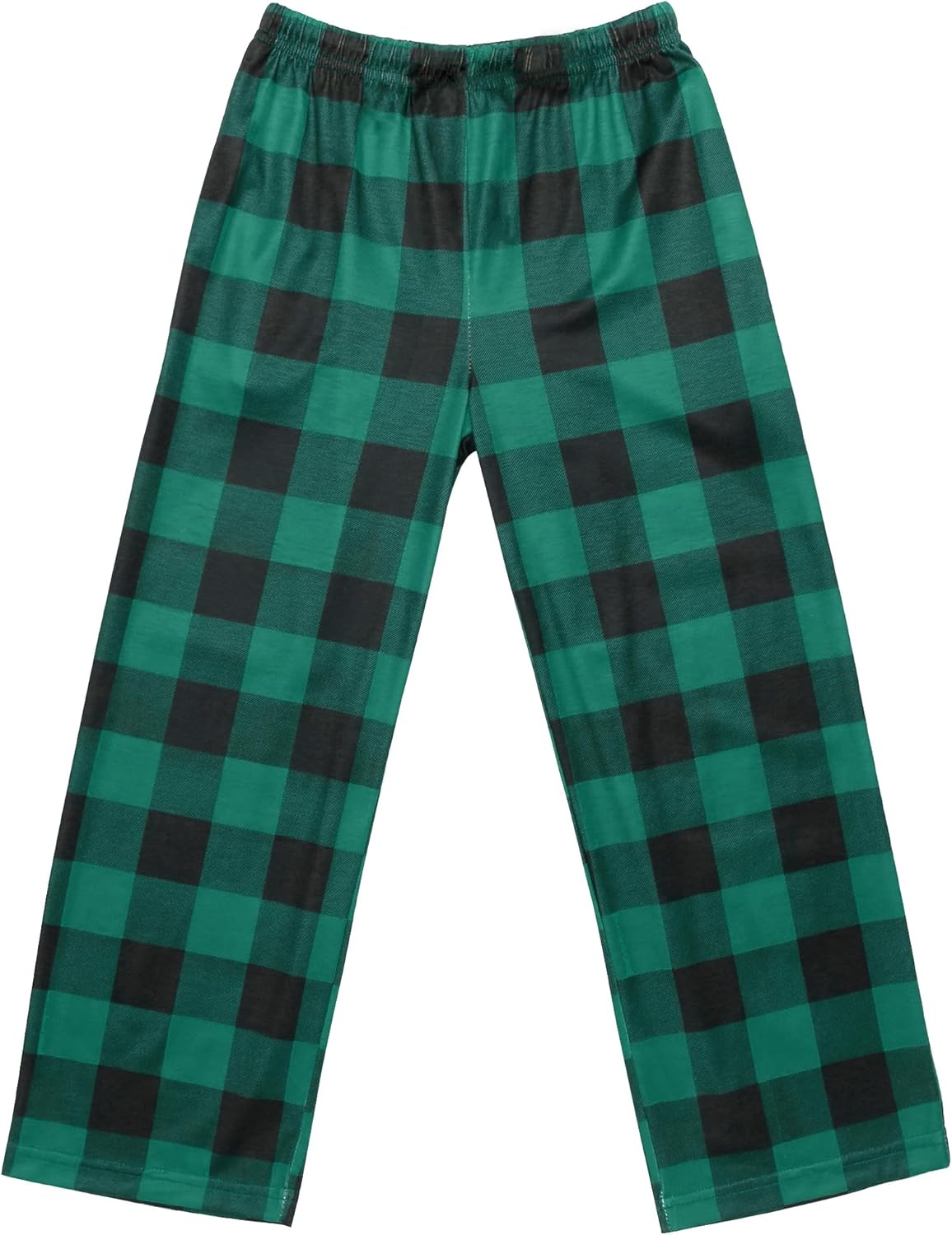 Boys’ pajama pants in green-and-black buffalo plaid with soft elastic waist