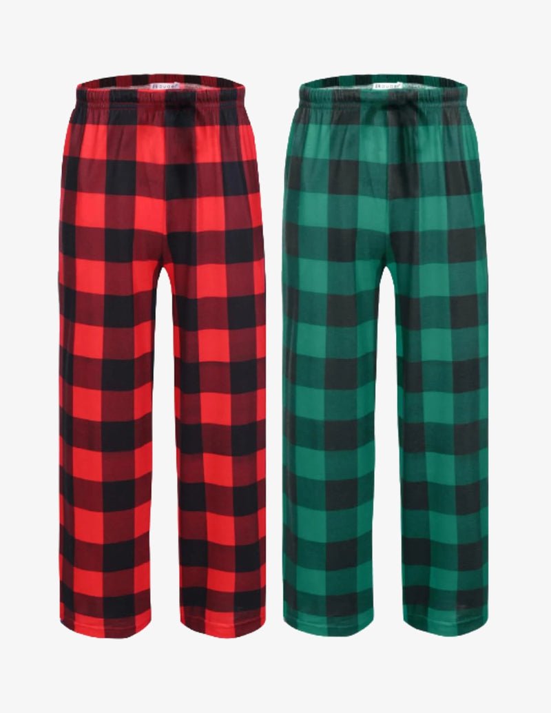 Boys’ pajama pants 2-pack: red plaid and green plaid soft elastic waist PJ bottoms