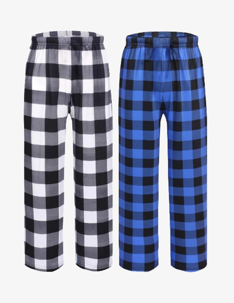 Boys pajama pants (2-pack) elastic waist, black/white plaid and blue check plaid