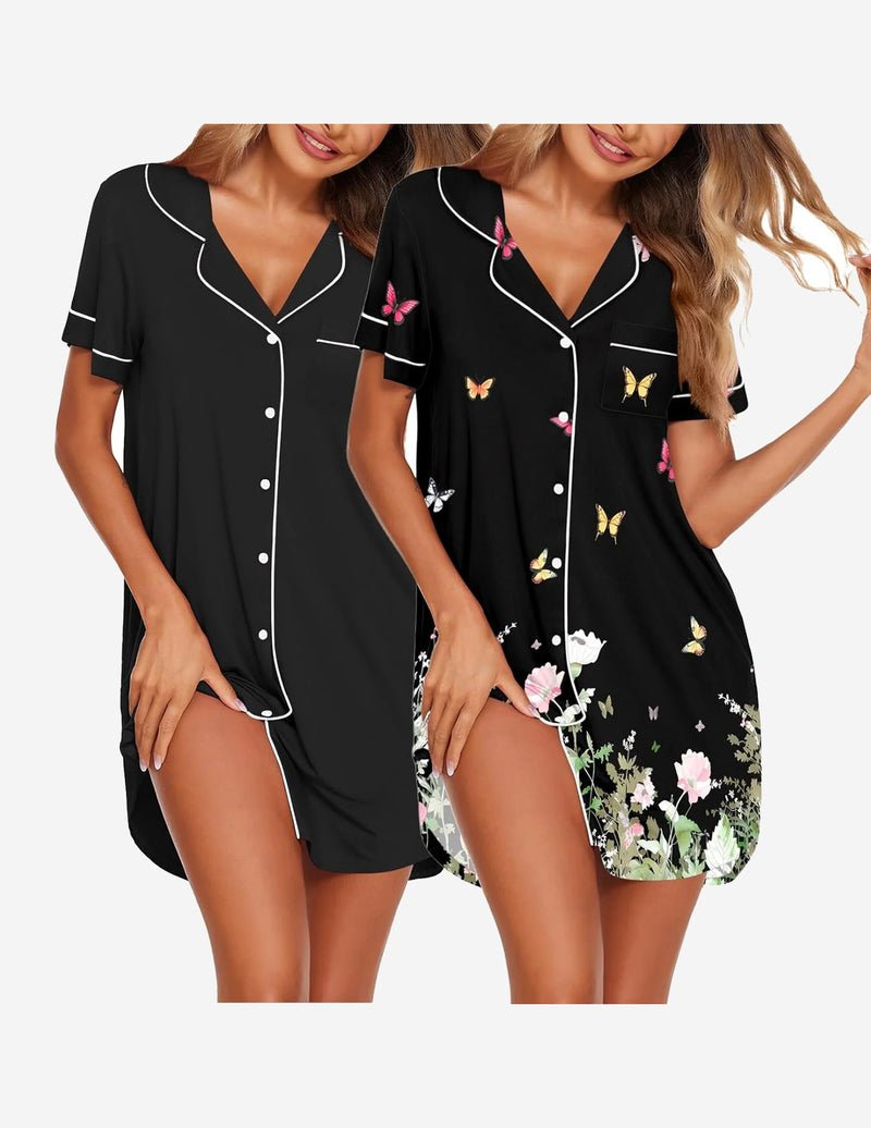 2 Pack Button Down Sleepshirts Soft Pajama Dress