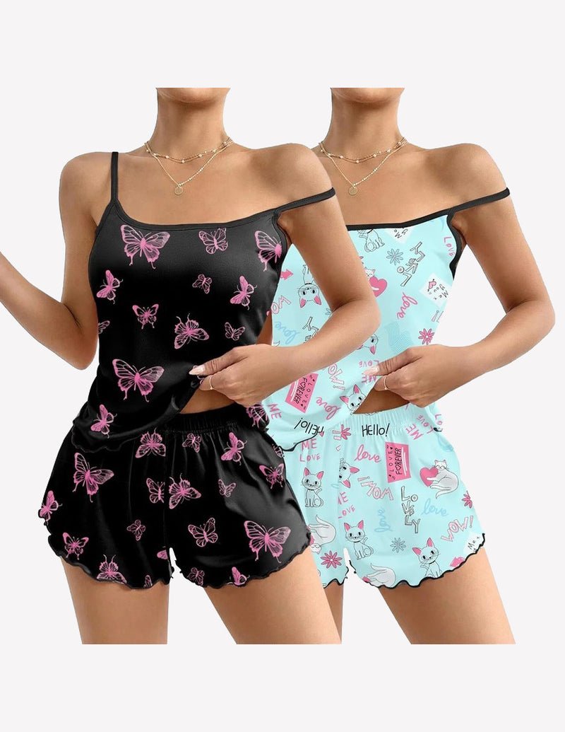 Ekouaer 2-pack cami pajama set: black butterfly print tank & shorts, light blue set