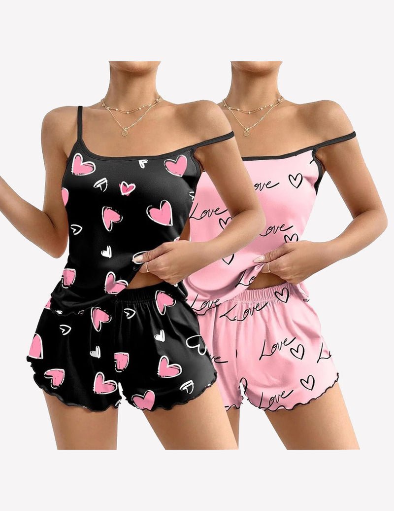 Black and pink heart cami pajama set: heart print tank tops and matching ruffle shorts
