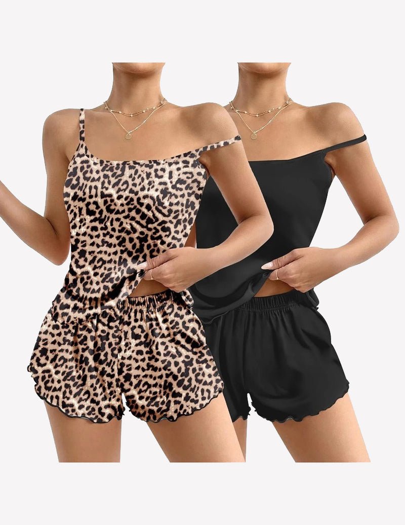 2-pack cami pajama sets: leopard print tank & shorts, solid black tank & shorts