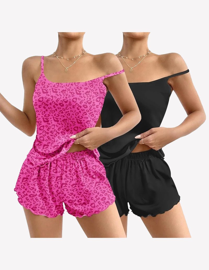 2-pack cami pajama sets: bright pink leopard print tank & shorts, black tank & shorts