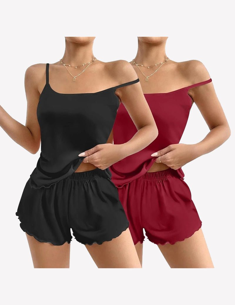 2-pack cami pajama sets: solid black tank & shorts, deep red tank & shorts