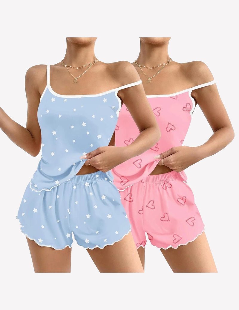 2-pack cami pajama sets: light blue star print tank & shorts, pink heart print tank & shorts