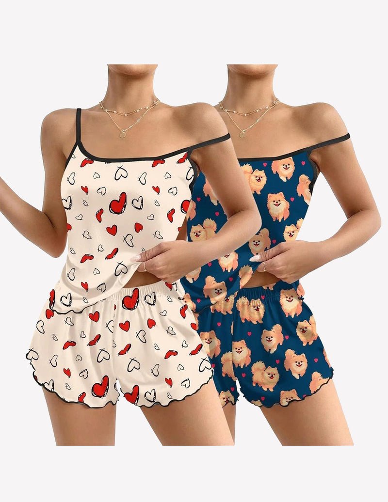 White heart print cami pajama set: white tank with red bows/hearts and matching shorts