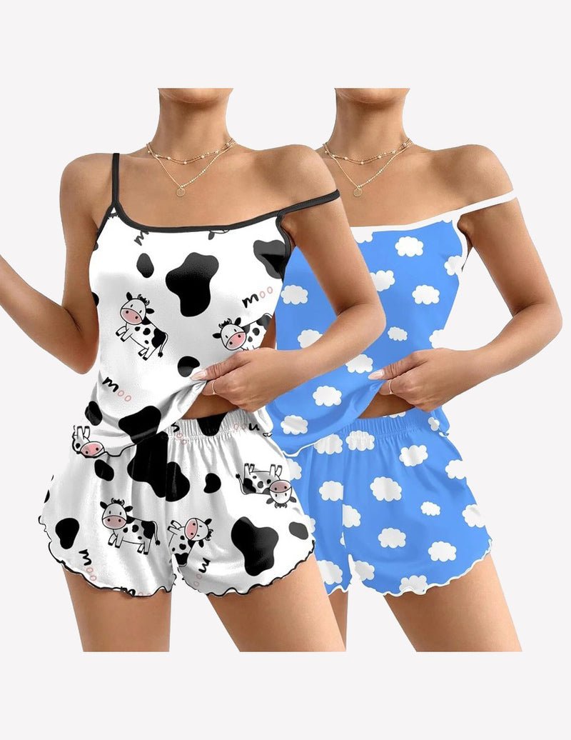 2-pack cami pajama sets: white cow print tank & shorts, blue cloud print tank & shorts