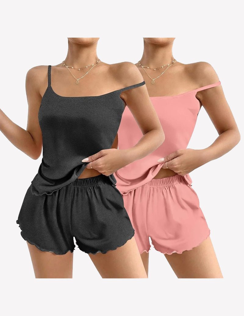 2-pack cami pajama sets: dark gray/charcoal camisole and shorts, blush pink camisole