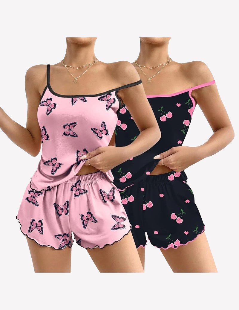 2-pack cami pajama sets: light pink butterfly print tank & shorts, black heart print set