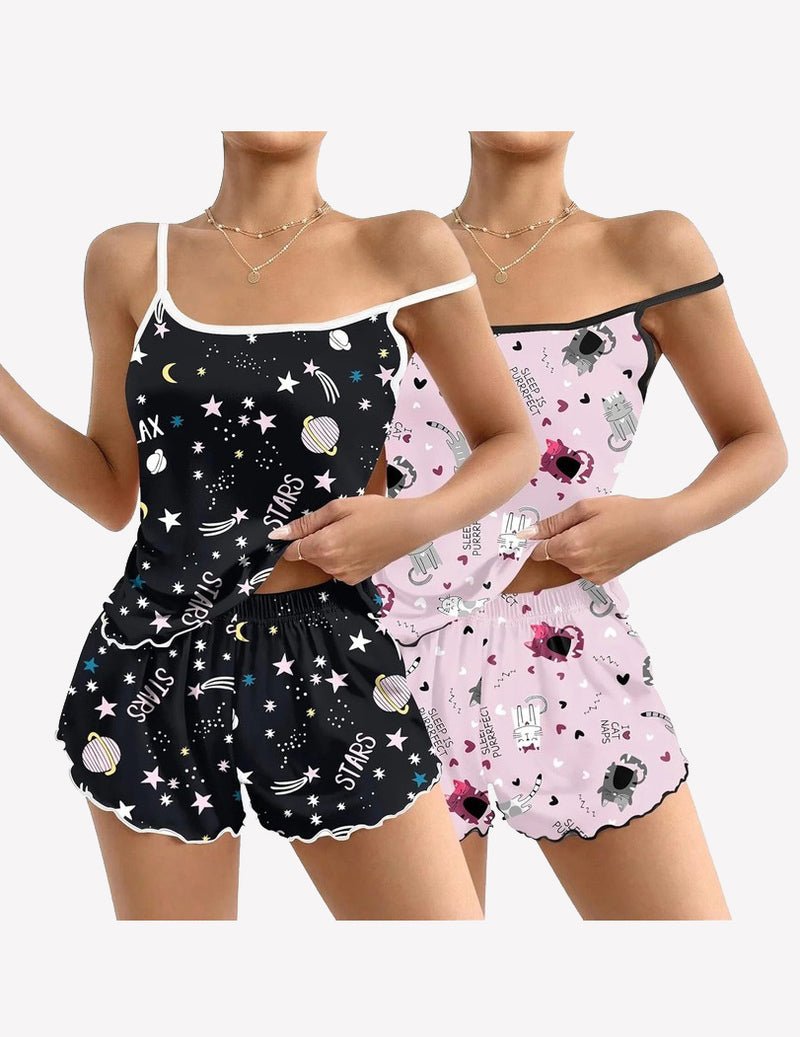 2-pack cami pajama sets: black star print tank & shorts, pale pink animal print set