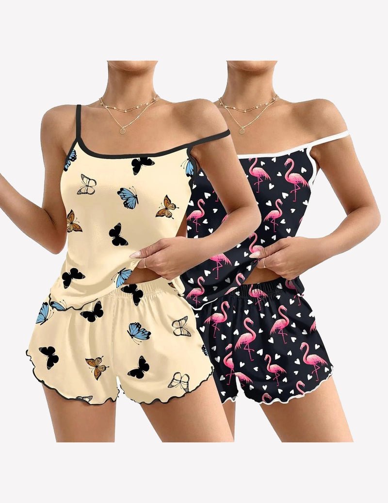 2-pack cami pajama sets: cream butterfly print tank & shorts, dark navy flamingo print