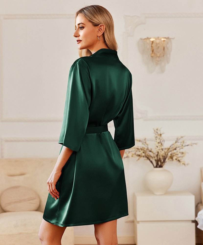 Satin robe in dark green, V-neck with tie belt, 3/4 sleeves, back view