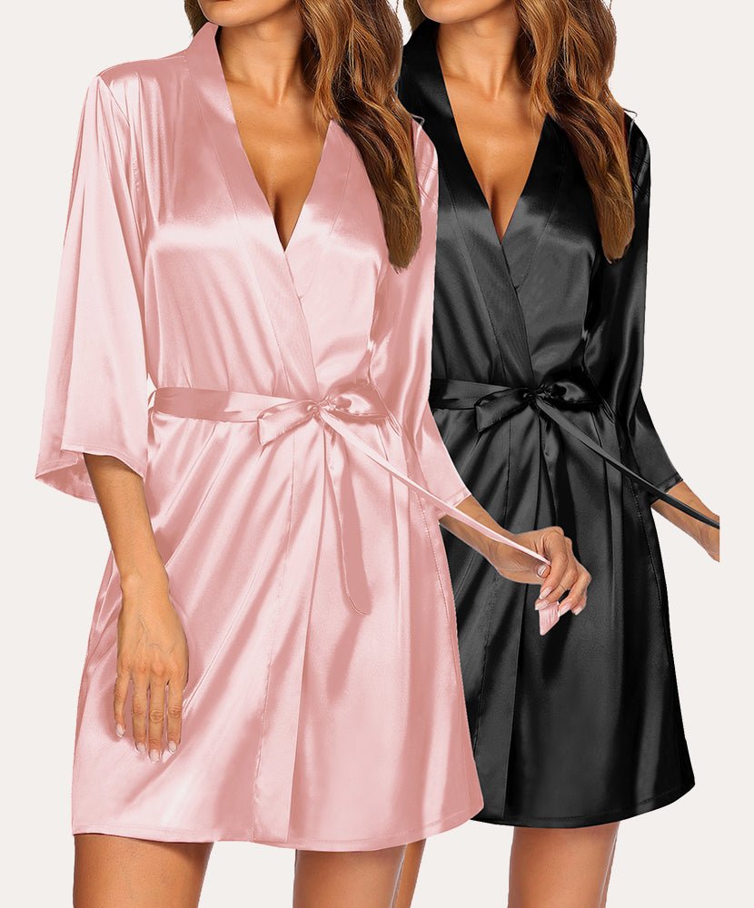 Satin robe set in blush pink and black, V-neck, tie waist
