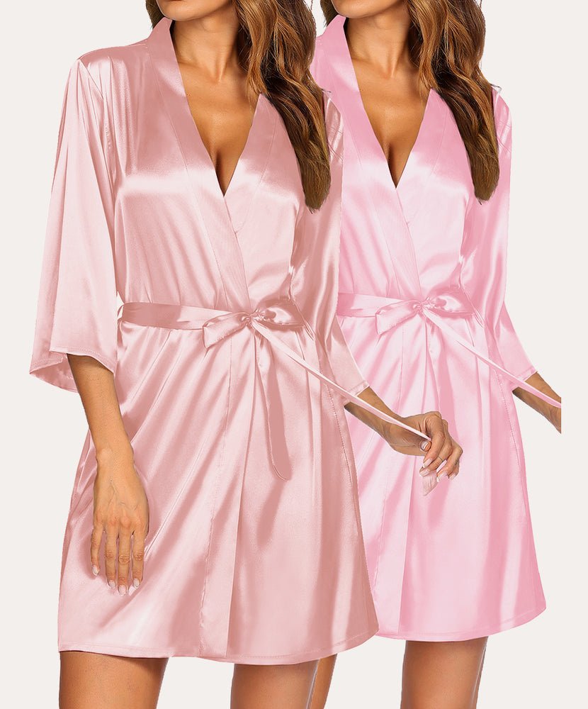 Satin robe set in two shades of pink, V-neck, tie waist