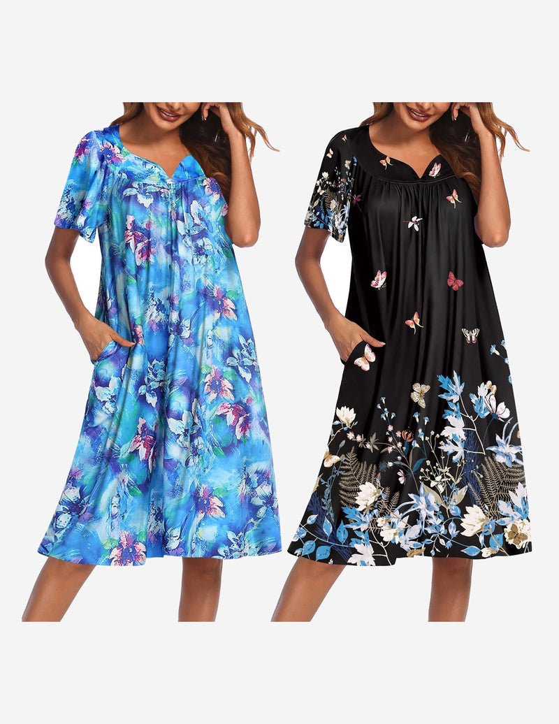 2-pack house dress: light blue floral mumu and black floral butterfly swing dress