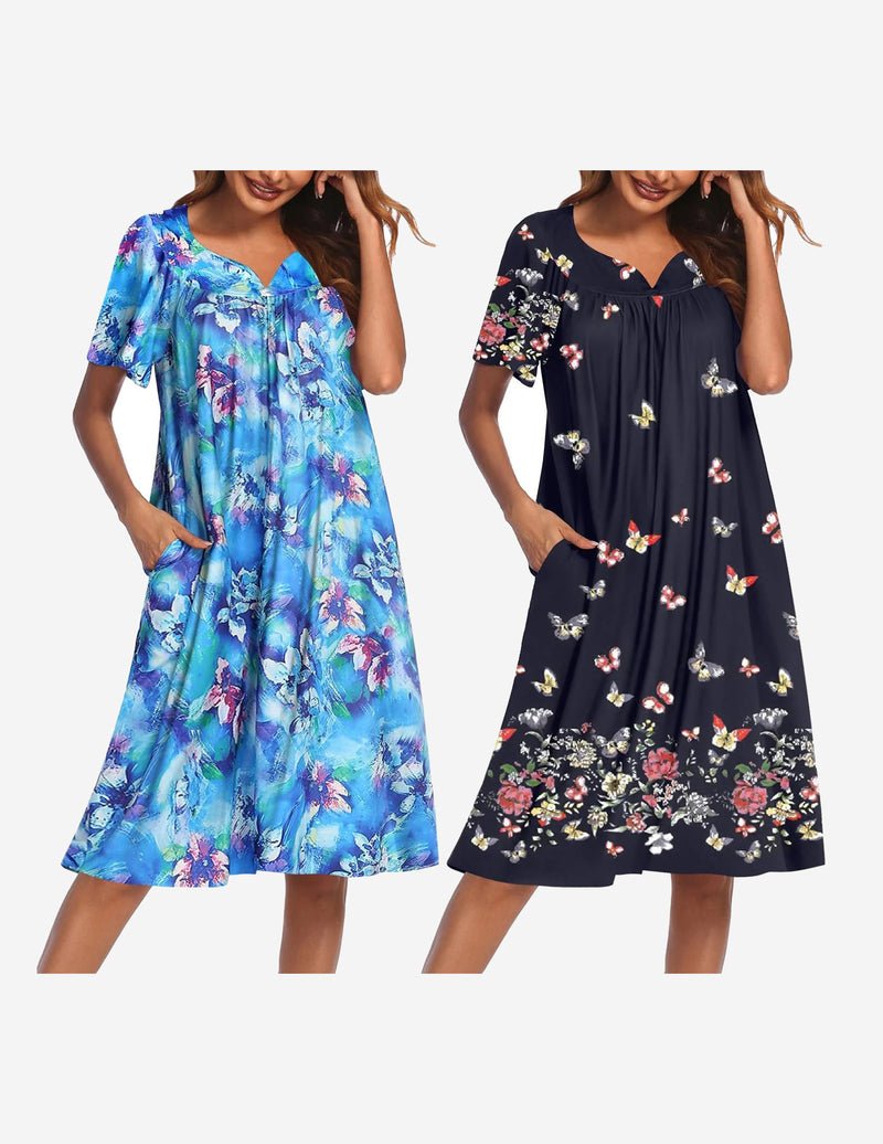 2-pack house dresses: blue watercolor floral mumu and dark navy floral mumu