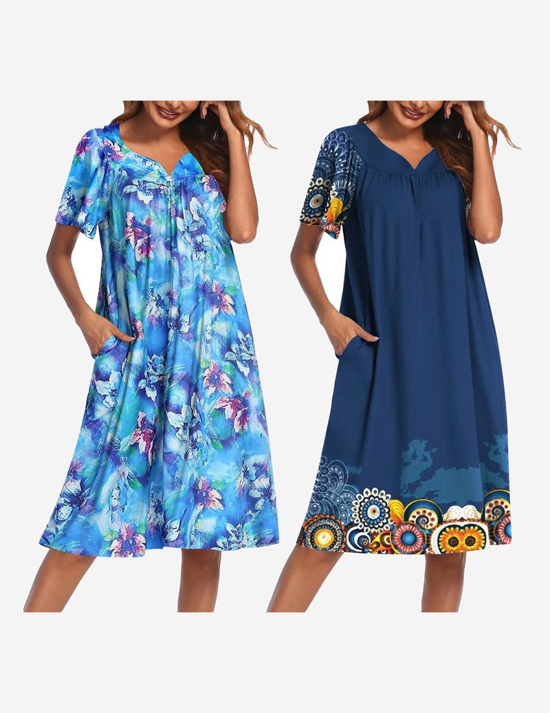 2-pack house dresses: blue floral mumu and deep blue medallion border mumu