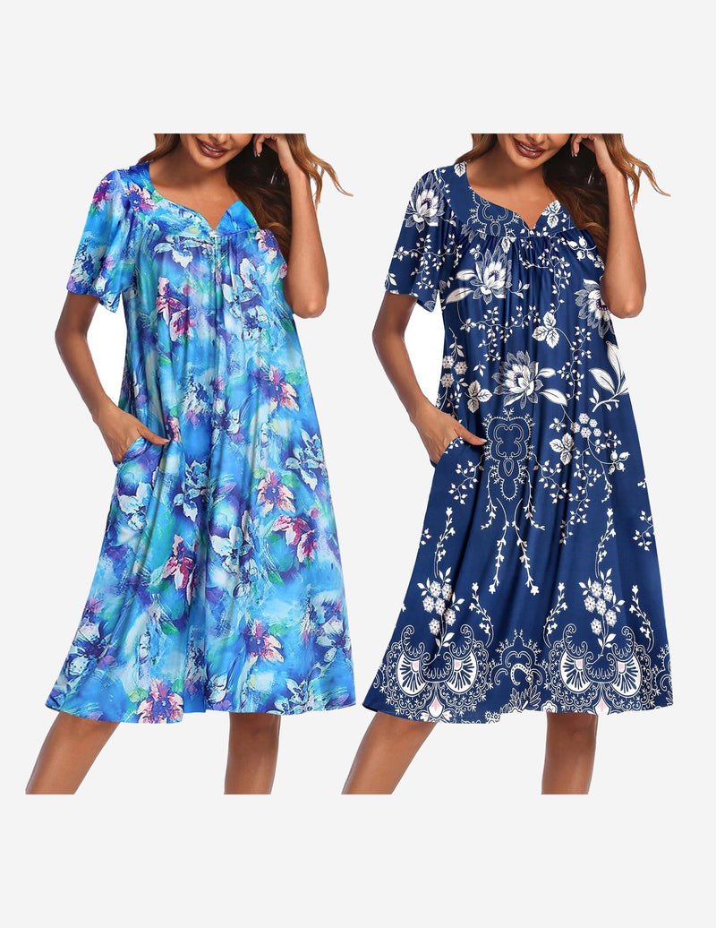 2-pack house dress: blue floral mumu and navy blue white floral empire swing dress
