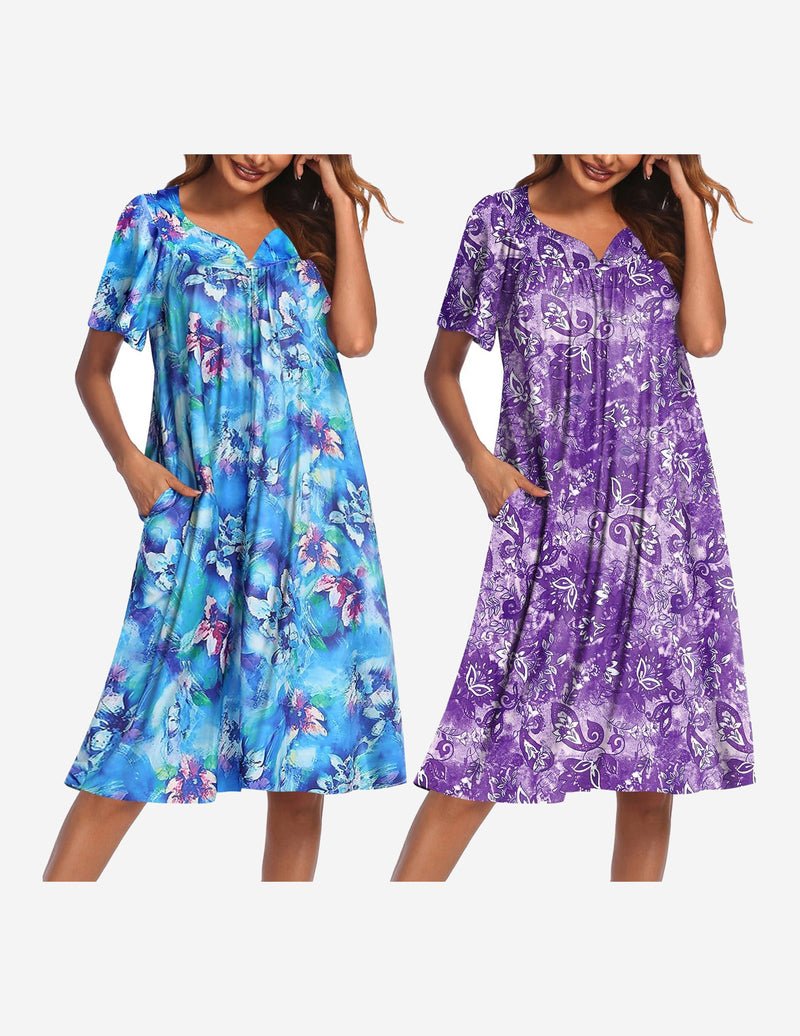2-pack house dresses: light blue floral mumu and purple ornate floral mumu