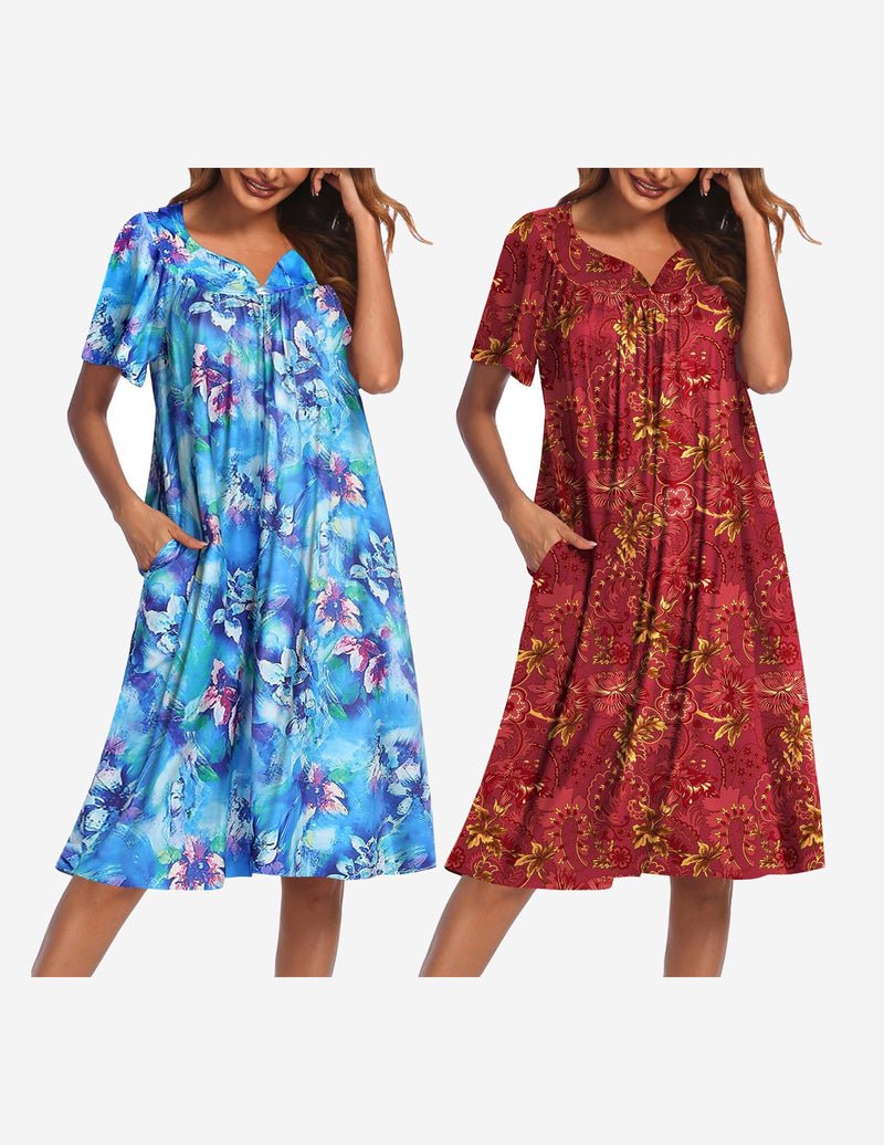 2-pack house dress: blue floral mumu and burgundy red ornate floral swing dress