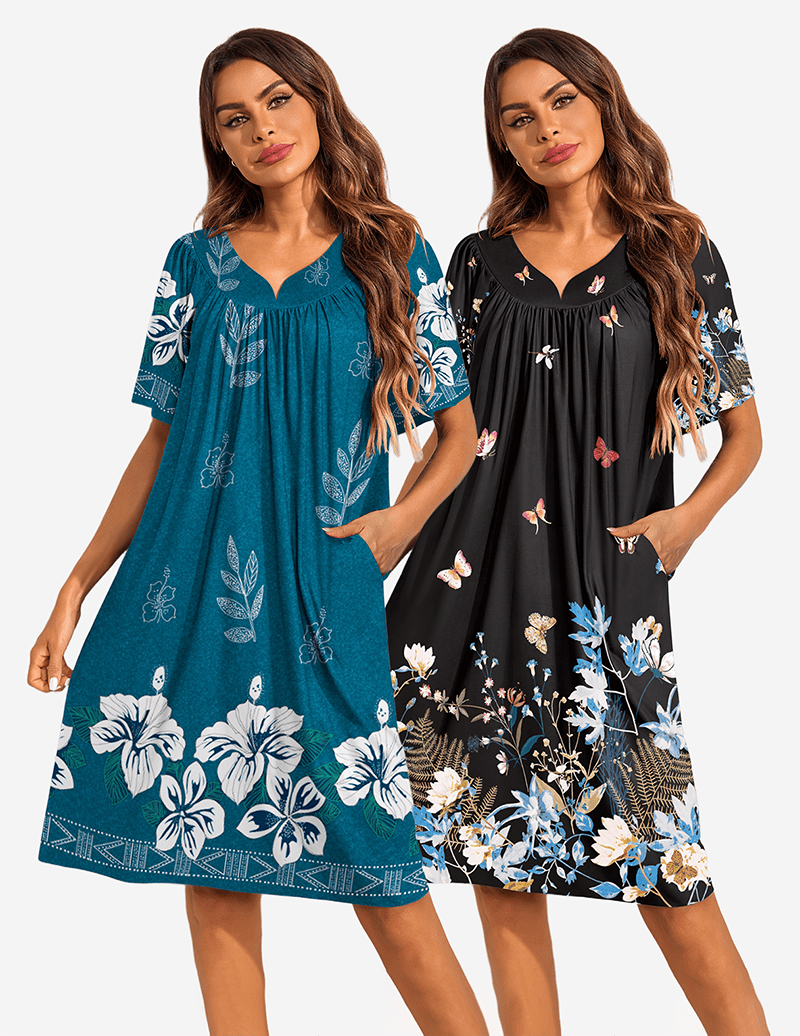 2-pack house dresses: teal blue floral mumu and black floral butterfly mumu
