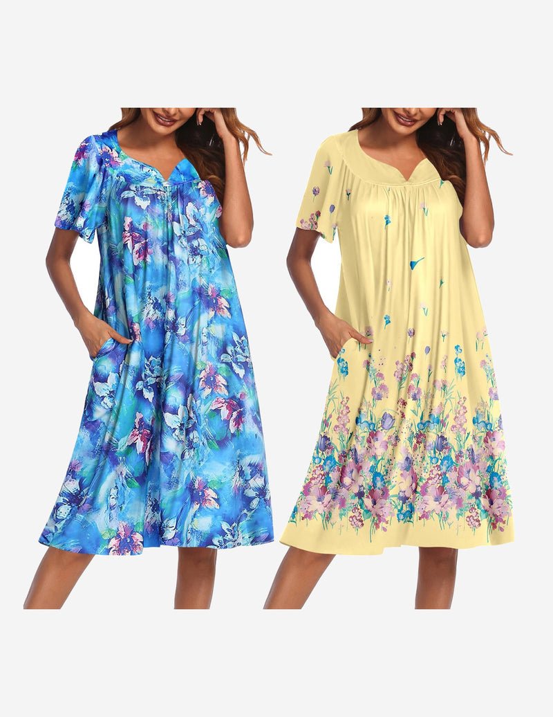 2-pack house dresses: blue floral mumu and pale yellow floral mumu