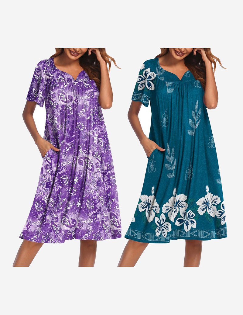 2-pack house dress: purple floral mumu and teal blue floral swing dress