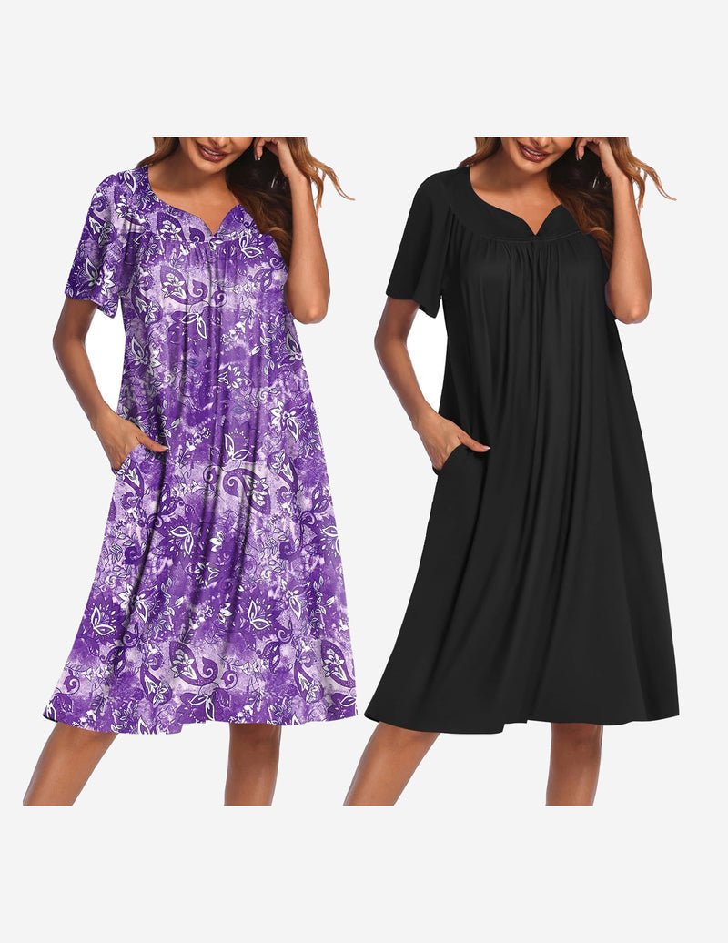 2-pack house dresses: purple paisley mumu and black gathered V-neck mumu