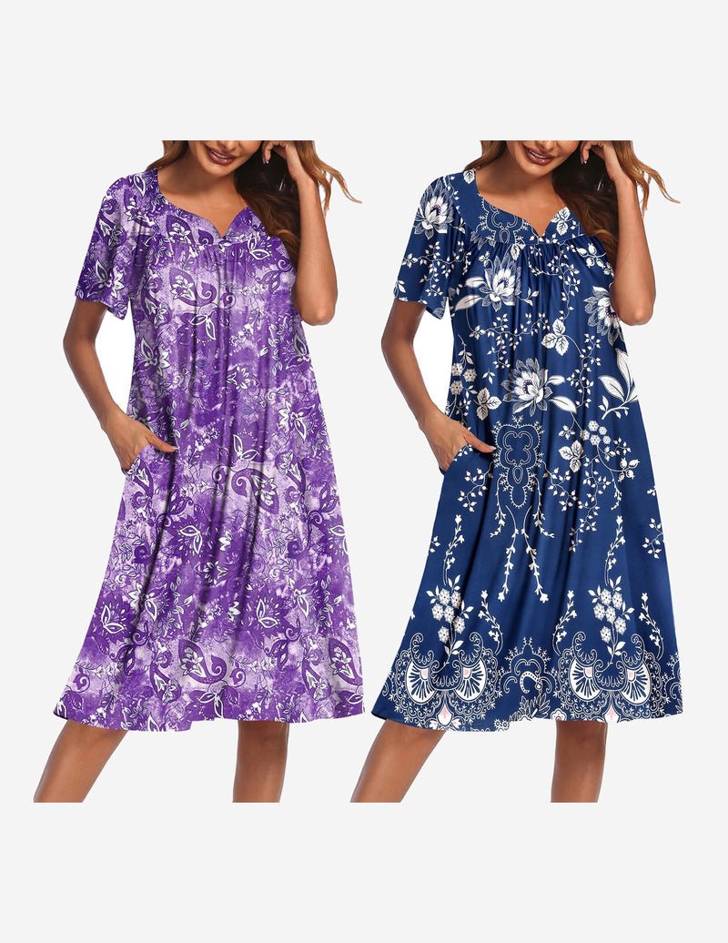 2-pack house dresses: purple ornate floral mumu and navy floral lace-trim mumu