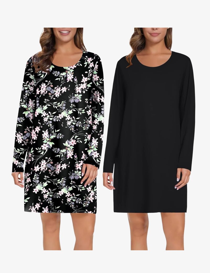 Two-pack long-sleeve nightgown: black floral print and solid black crew-neck dress.