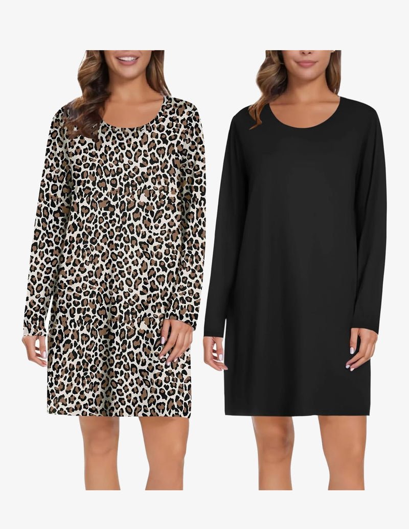 Two-pack long-sleeve nightgown: leopard print and solid black dress, round neck.