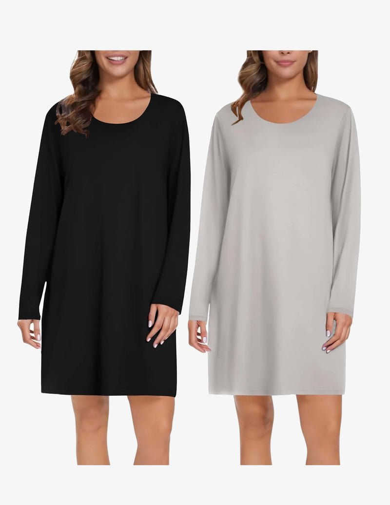 Two-pack long-sleeve nightgown: black solid and light gray solid, simple crew neck.
