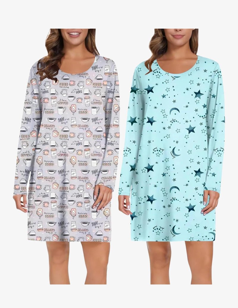 Two-pack long-sleeve nightgown: coffee icon print and light blue moon/star print.