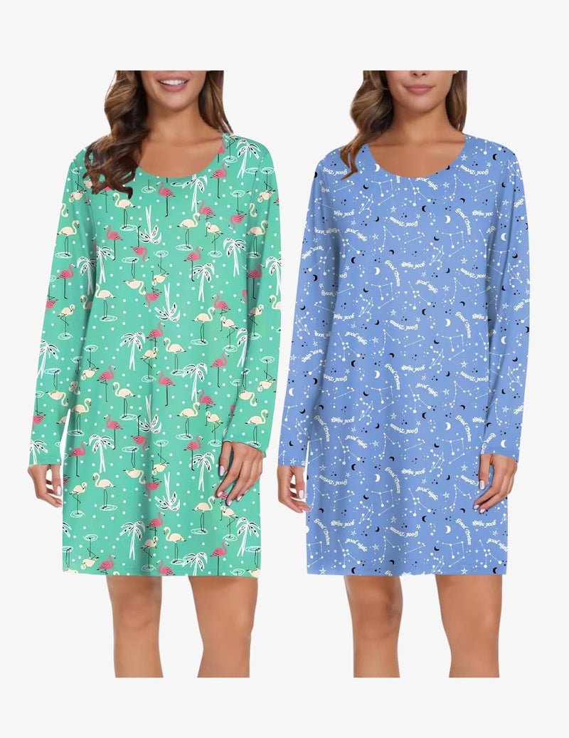 Two-pack long-sleeve nightgown: mint flamingo print and light blue star print.