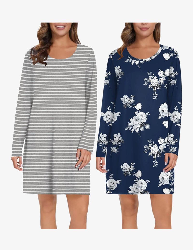 2-pack long-sleeve sleep shirts: grey striped and navy floral, round neck
