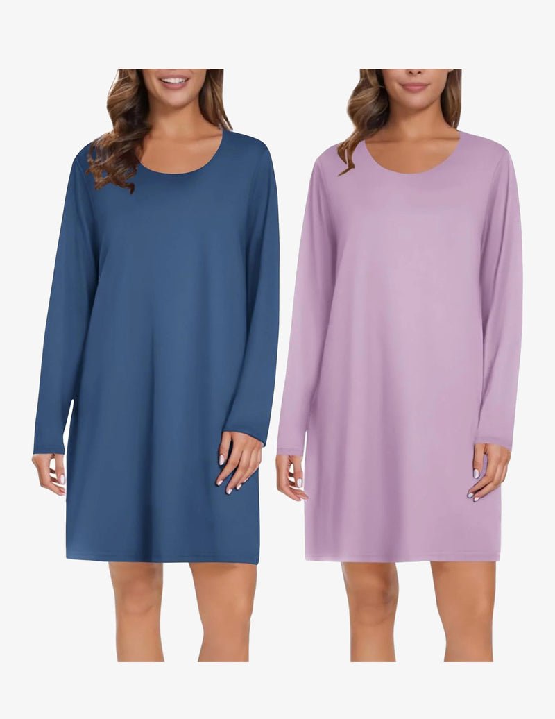 2-pack long-sleeve sleep shirts: blue plain and mauve solid, round neck