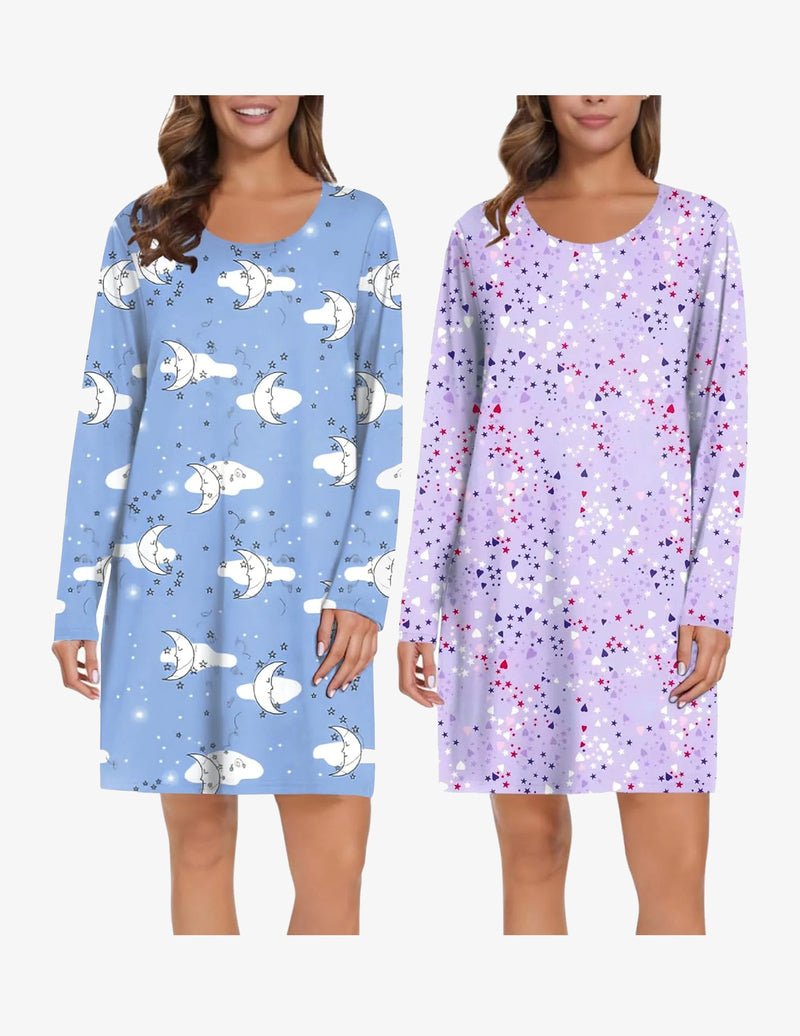 Two-pack long-sleeve nightgown: light blue moon/animal print and purple star print.
