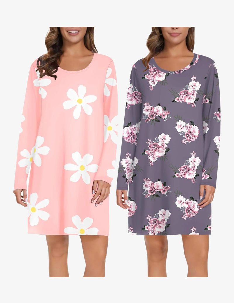 2-pack long-sleeve sleep shirts: pink daisy print and dark floral print, round neck