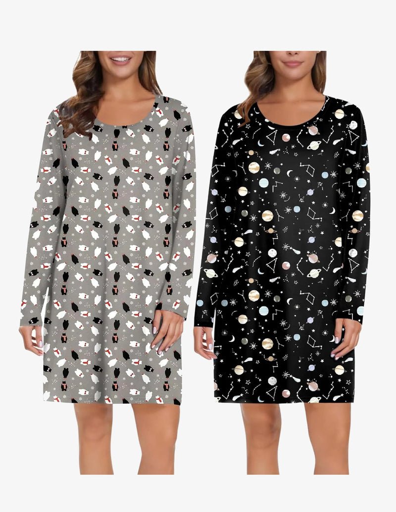 2 pack long-sleeve sleep dress: gray penguin print and black galaxy print