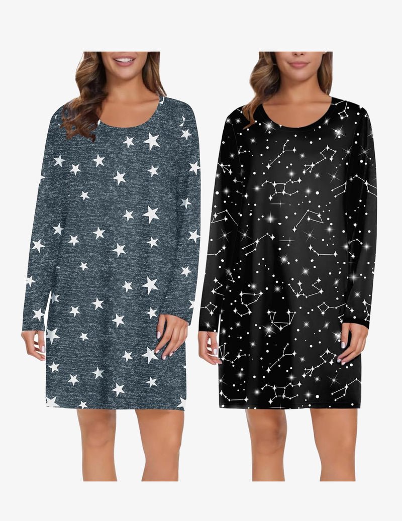Two-pack nightgown: heather blue star print and black constellation star print.