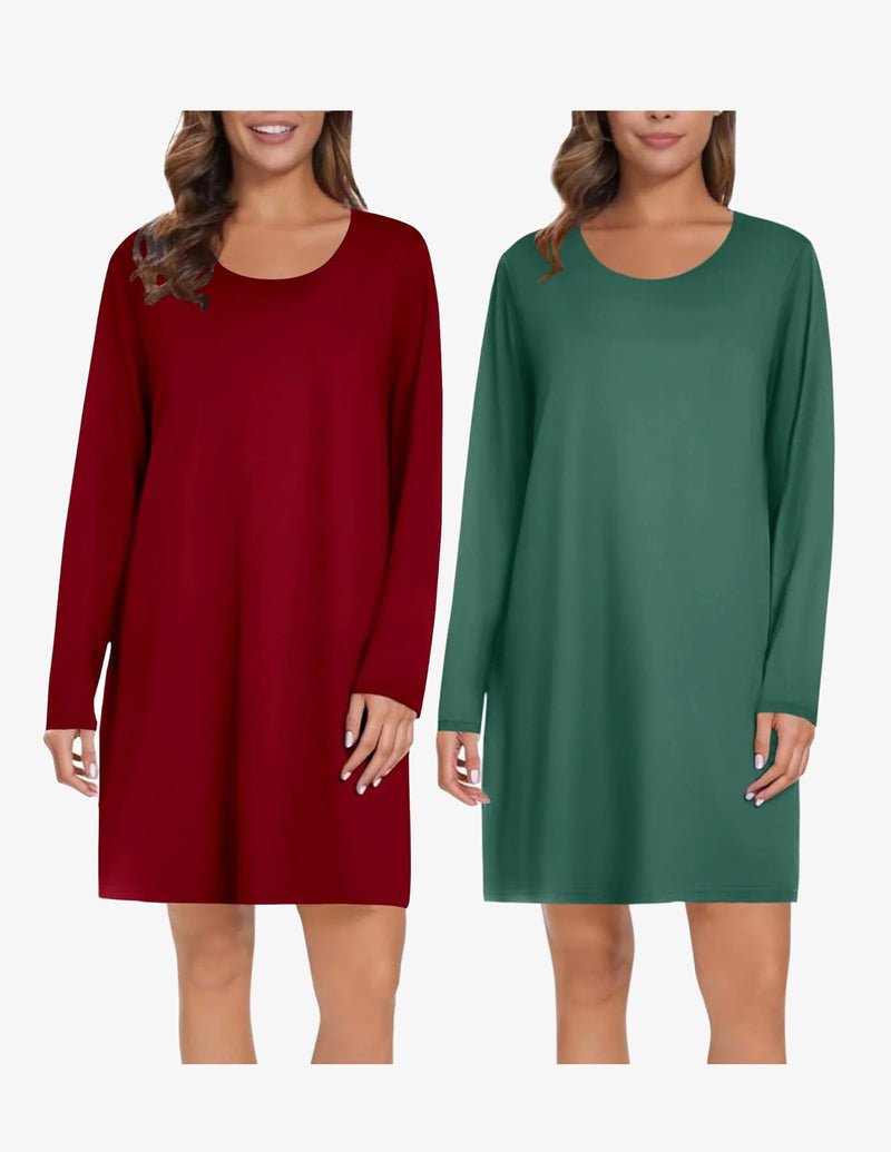 Two-pack long-sleeve nightgown: wine red solid and green solid, knee-length tunic.