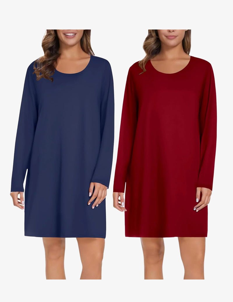 2 pack long-sleeve sleep dress: navy plain and deep red plain