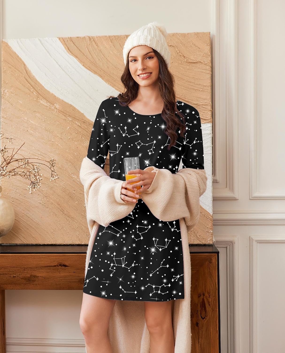 Black long-sleeve sleep shirt nightgown with star constellation print, round neck